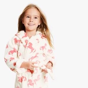 HATLEY Girls' Horse Print Fleece Robe, Cream / Pink, Hooded, 4-5 years